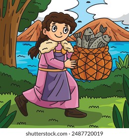 Viking Girl with a Basket of Fish Colored Cartoon
