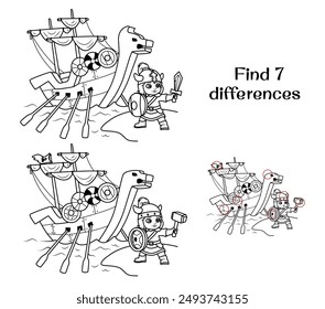 Viking girl next to the ship. Find 7 differences. Tasks for children. Vector illustration