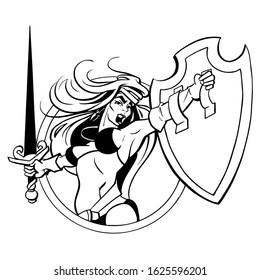 Viking girl with shield and sword.