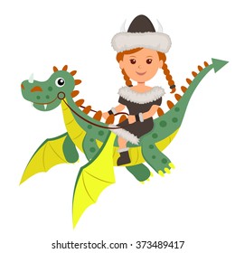 Viking girl sitting on a flying dragon. Isolated character viking and dragon on the white background