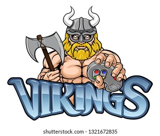 A Viking or gladiator warrior gamer mascot with video games controller 