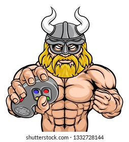 A Viking or gladiator warrior gamer mascot with video games controller 