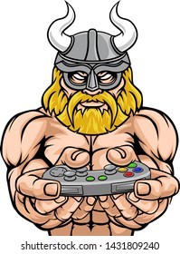 A Viking or gladiator warrior gamer mascot with video games controller 