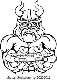 A Viking or gladiator warrior gamer mascot with video games controller 