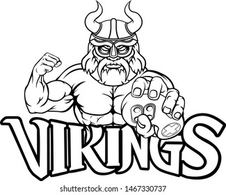 A Viking or gladiator warrior gamer mascot with video games controller 