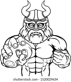 A Viking or gladiator warrior gamer mascot with video games controller 
