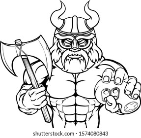 A Viking or gladiator warrior gamer mascot with video games controller 