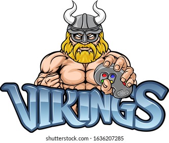 A Viking or gladiator warrior gamer mascot with video games controller 