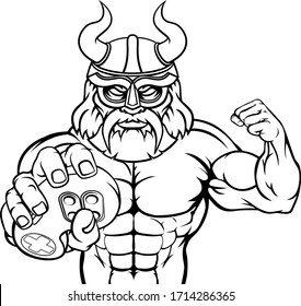 A Viking or gladiator warrior gamer mascot with video games controller 