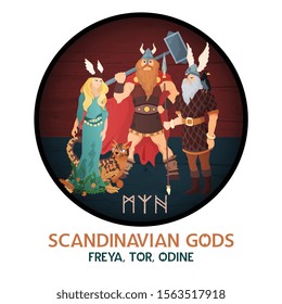 Viking gods composition of circle image with ancient scandinavian characters and editable text with norsk rune vector illustration