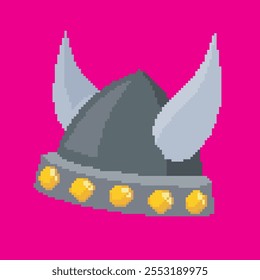 viking hat pixel art, vector illustration on isolated background.