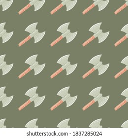 Viking hatchets seamless doodle pattern in pastel pale tones. Grey scandinavian old armor silhouettes on green background. Great for fabric design, textile print, wrapping, cover. Vector illustration.