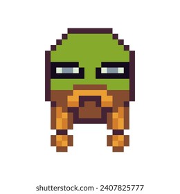 Viking head with black beard, grandfather, barbershop, old man face pixel art icon cartoon character. 8-bit flat style. Isolated abstract vector illustration.
