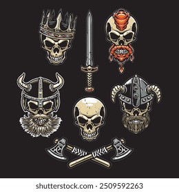 Viking Head Kollektion in Farbversion mit mehreren Hut und Bart, beinhalten Achsen für Waffe, Vintage-Illustration Vektor