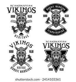 Viking head and crossed axes set of vector emblems, labels, badges or prints in monochrome style isolated on white background