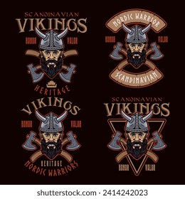 Viking head and crossed axes set of vector emblems, labels, badges or prints in colorful style on dark background