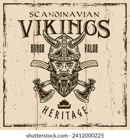 Viking head and crossed axes vector vintage emblem, label, badge or print illustration on background with grunge textures. Hand drawn. Not AI generated