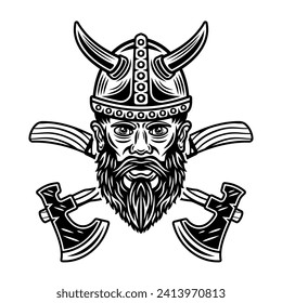 Viking head and crossed axes vector illustration in vintage monochrome style isolated on white background