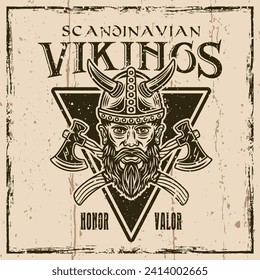 Cabeza de viking y ejes cruzados emblema vectorial vintage, etiqueta, placa o ilustración de impresión en el fondo con texturas onduladas