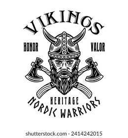 Viking head and crossed axes vector emblem, label, badge or print in monochrome style isolated on white background