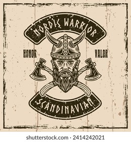 Viking head and crossed axes vector vintage emblem, label, badge or print illustration on background with grunge textures