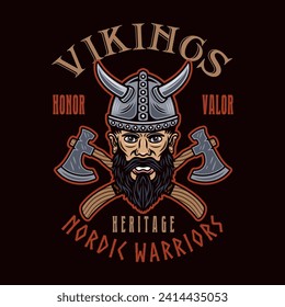 Viking head and crossed axes vector emblem, label, badge or print in colorful style on dark background