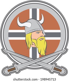 Viking head with crossed swords, shield and norwegian flag