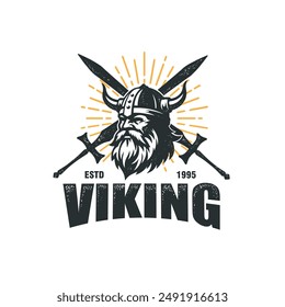 viking head with crossed swords vintage logo vector illustration