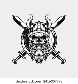 Viking head helmet and axe artwork vector illustration