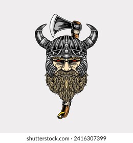 Viking head helmet and axe artwork vector illustration