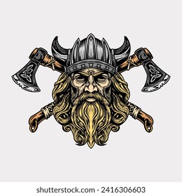Viking head helmet and axe vector illustration