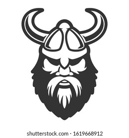 Viking head in horned helmet. Design element for poster, card, banner, sign. Vector illustration