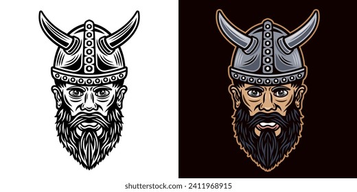 Viking head in horned helmet two styles black on white and colorful on dark background vector illustration. Hand drawn. Not AI generated