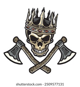 Vector de diseño de personaje de rey de cabeza vikinga con hachas en colores sobre fondo claro para camiseta u objeto de etiqueta  