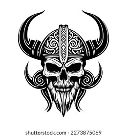 Viking Head Logo hand drawn black and white Illustration