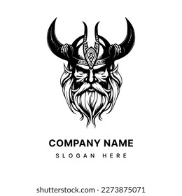 Viking Head Logo hand drawn black and white Illustration