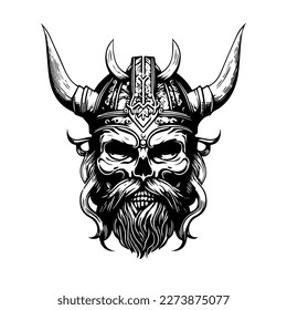 Viking Head Logo hand drawn black and white Illustration