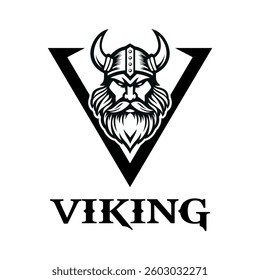 Viking head logo vector illustration template black and white. Simple design letter