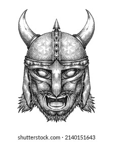 Viking Head Screaming, Hand Drawn Illustration