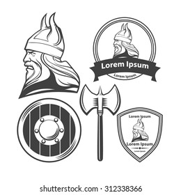 viking head, shield and axe, viking weapons, security idea, for logo, design emblem