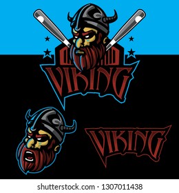 Viking head in sport logo style with additional shielded badge and baseball bat