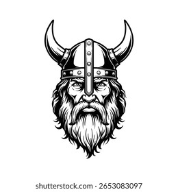 Viking Head Vector, Norse Warrior Illustration, Viking Helmet Beard Clipart, Ancient Scandinavian Warrior, Black and White Viking Design