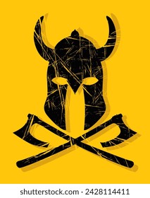 Casco vikingo y símbolo de hacha, efecto grunge vector