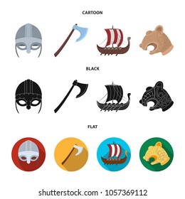 Viking helmet, battle ax, rook on oars with shields, dragon, treasure. Vikings set collection icons in cartoon,black,flat style vector symbol stock illustration web.