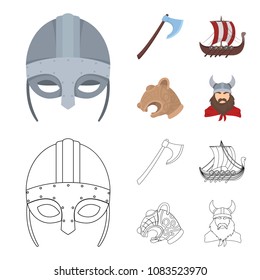 Viking helmet, battle ax, rook on oars with shields, dragon, treasure. Vikings set collection icons in cartoon,outline style vector symbol stock illustration web.