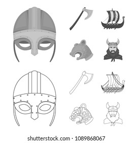 Viking helmet, battle ax, rook on oars with shields, dragon, treasure. Vikings set collection icons in outline,monochrome style vector symbol stock illustration web.