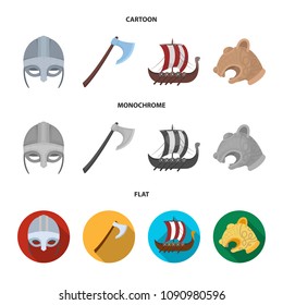 Viking helmet, battle ax, rook on oars with shields, dragon, treasure. Vikings set collection icons in cartoon,flat,monochrome style vector symbol stock illustration web.