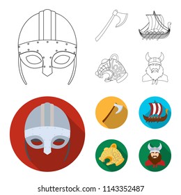 Viking helmet, battle ax, rook on oars with shields, dragon, treasure. Vikings set collection icons in outline,flat style vector symbol stock illustration web.