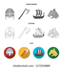 Viking helmet, battle ax, rook on oars with shields, dragon, treasure. Vikings set collection icons in flat,outline,monochrome style vector symbol stock illustration web.