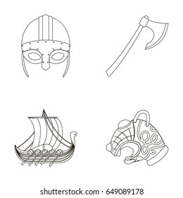 Viking helmet, battle ax, rook on oars with shields, dragon, treasure. Vikings set collection icons in outline style vector symbol stock illustration web.